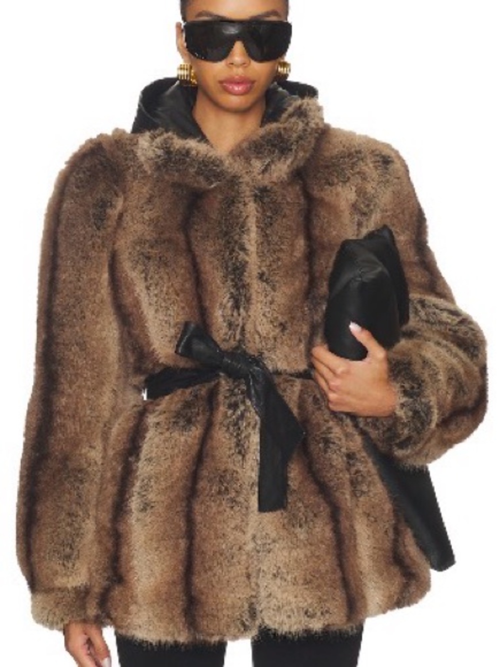 Penny faux Fur Brown Coat with Black Waist Tie